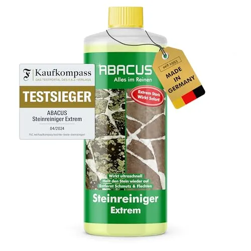 ABACUS Steinreiniger Extrem 1000ml - Grünbelagentferner für Außenbereiche, entfernt sofort Algen, Schmutz und Flechten. Ideal für Terrassen, Fassaden und mehr.