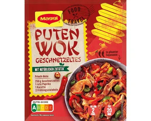 MAGGI Food Travel Fix Puten Wok Geschnetzeltes 37g - Entdecke mit MAGGI Food Travel Fix für Puten Wok Geschnetzeltes eine köstliche Asia-Pfanne. Die pikante Würzmischung bringt Urlaubsflair in deine Küche und sorgt für ein schnelles, schmackhaftes Gericht.