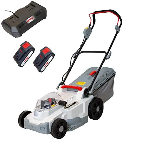 IKRA Akku Rasenmäher Mulchmäher ICM 2/2037 mit 2x Akku - Sichelmäher mit bürstenlosem Motor für hohe Leistung, ideal für Rasenflächen bis 250m². Inkl. 2 Akkus und Doppel-Schnellladegerät für maximale Flexibilität.