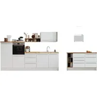 Respekta Gabriel Inselküche 290 cm - Moderne Einbauküche in Weiß Hochglanz, inklusive hochwertiger Elektrogeräte und ergonomischer Arbeitshöhe für komfortables Kochen.