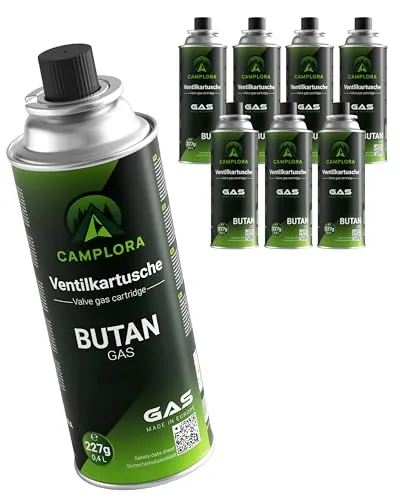 Camplora 8X 227g Butan Gaskartuschen mit MSF-1a Ventil für Grill, Campingkocher, Gasheizung, Gaskocher, Camping Gas, gaskartusche, Gaskartuschen 227g, Gasflasche Butane Gas cartridges