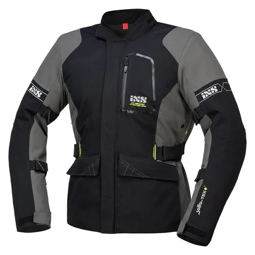 IXS Laminat-ST-Plus Textiljacke - Wasserdicht & Atmungsaktiv - Schwarz/Grau - Lang XL - Motorradjacke aus 2-lagigem Solto-TEX® PLUS Laminat, wasserdicht, winddicht & atmungsaktiv. Ideal für sicheres Fahren bei jedem Wetter mit herausnehmbaren Thermofutter und zahlreichen Taschen.