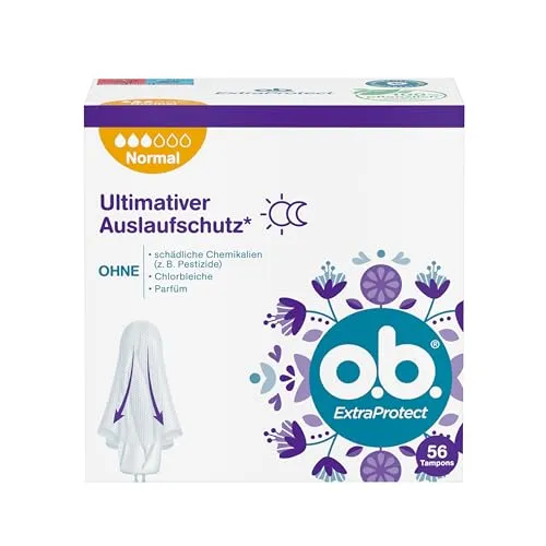 o.b. ExtraProtect Normal Tampons 56 Stk. – Zuverlässiger Auslaufschutz - Die o.b. ExtraProtect Tampons bieten bis zu 100% Auslaufschutz und kombinieren innovative Technologien für Sicherheit bei mittlerer bis stärkerer Menstruation. Ideal für den täglichen Einsatz.