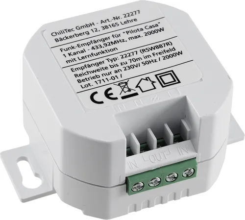 ChiliTec Funkempfänger 1-Kanal Pilota Casa 230V - Universal einsetzbarer Funkempfänger für Unterputz-Montage. Ideal für die bequeme Schaltung von Lampen und Geräten mit bis zu 70m Reichweite. Perfekt für Haus, Garten und Terrasse.
