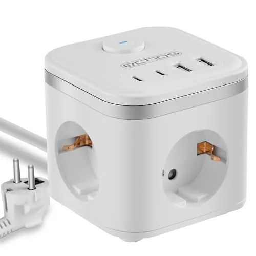 Echos - 7-in-1 Steckdosenwürfel mit Kabel 3 Fach Mehrfachsteckdose mit USB C - Steckdosenleiste 4 Fach USB Mehrfachstecker mit Schalter Cube Steckdosenadapter mit Kindersicherung (mit 2M Kabel Weiß)