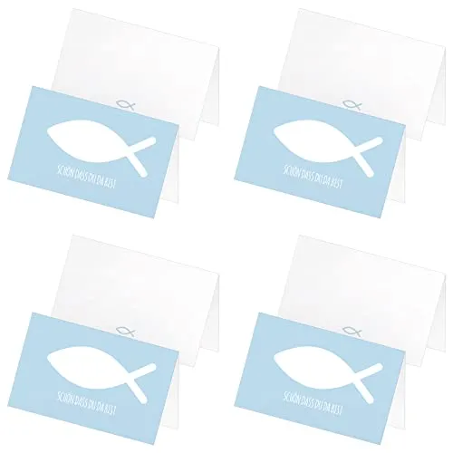 itenga 96 x Tischkarten Platzkarten Namensschild Fisch Kommunion Taufe Konfirmation Jungen Mädchen (himmelblau)