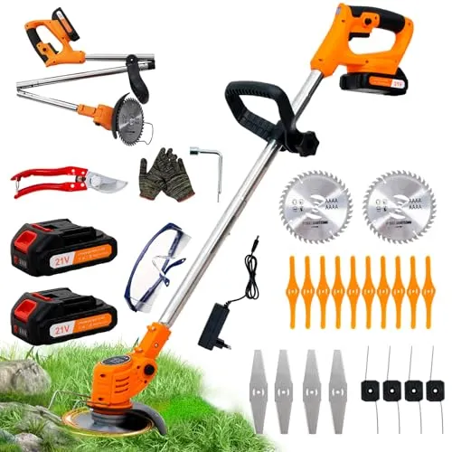 OUTIGO Akku-Rasentrimmer 21 V – kabelloser Rasentrimmer mit 4 Klingen - Leichter Akku-Rasentrimmer mit ergonomischem Design, verstellbarem Kopf und praktischen 4 Klingen für verschiedene Rasenpflege-Szenarien. Ideal für müheloses Trimmen in schwer zugänglichen Bereichen.