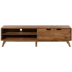 TV-Board Sheesham 180x40x48 – Mid-Century Design - Hochwertiges TV-Board aus Sheesham-Holz mit sandgestrahlter, natur lackierter Oberfläche. Die ausgefallene Maserung und das elegante Design mit abgerundeten Ecken machen es zum Blickfang in jedem Wohnzimmer.