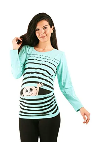 Winke Winke Baby - Lustige witzige süße Umstandsmode gestreiftes Umstandsshirt mit Motiv für die Schwangerschaft, Langarm (Mint, Large)