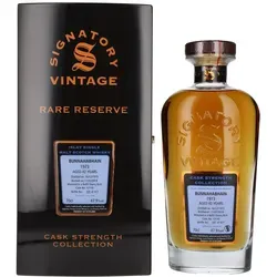 Signatory Vintage BUNNAHABHAIN 42 Jahre RARE RESERVE Cask Strength 1973 - Exklusiver Whisky aus limitierter Auflage, gereift in einem Sherry Butt. Erleben Sie die komplexen Aromen von Rauch, exotischen Früchten und einem langen Abgang – ein Genuss für Kenner.