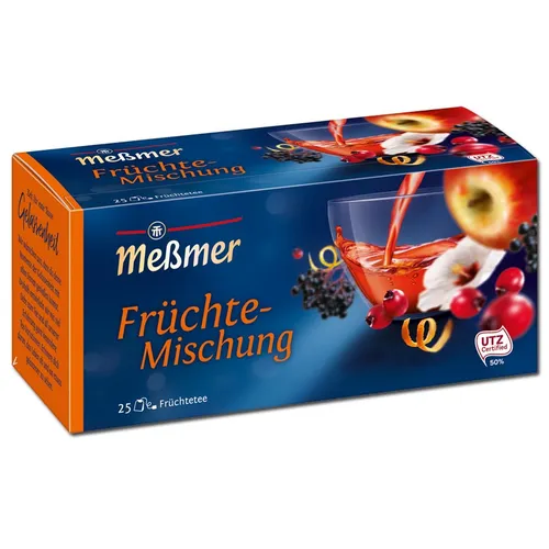 Meßmer Früchte-Mischung Tee, 25 Teebeutel - Früchtetee-Mischung mit Apfel, Hibiskus und mehr, ideal für fruchtigen Genuss und entspannende Momente.