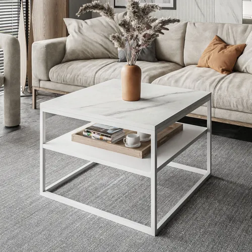 Lookway Couchtisch NOVA MARMOR mit Ablage – 68,5 cm Breite - Eleganter Couchtisch mit Ablage aus Marmor Levanto und weißem Metallgestell. Ideal für stilvolle Wohnräume, einfach selbst zu montieren und mit 2 Jahren Herstellergarantie.