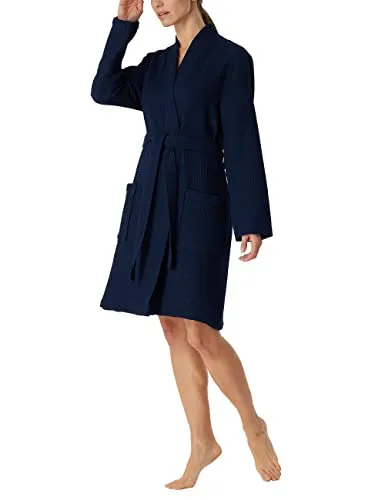 Schiesser Damen Bade- und Saunamantel Waffel Pique, dunkelblau - Hochwertiger Damenbademantel aus 100% nachhaltiger Baumwolle, zeitlos elegant im Kimono-Stil mit Bindeband und praktischen Taschen.