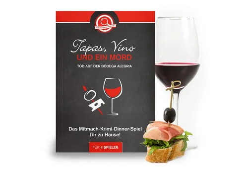 Mitmach-Krimi Spiel: Krimi-Dinner für 4 Personen - Erlebe ein spannendes Krimi-Dinner mit Vino und Tapas! Ideal für 4 Spieler, sorgt für 180 Minuten aufregenden Rätselspaß. Perfekt für Erwachsene ab 16 Jahren.