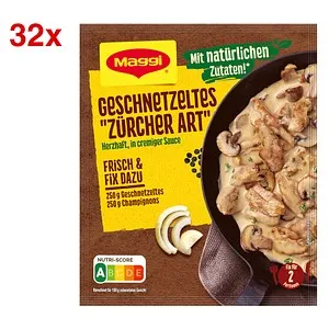 Maggi Geschnetzeltes Zürcher Art Soße 32x 2 Portionen - Praktische Portionspackung für schnelle Zubereitung, ideal für ein köstliches Zürcher Geschnetzeltes in Minuten, perfekt für die Kategorie sonstige Speisen.