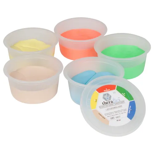 Theraflex Therapie-Knetmasse Set, 5-tlg. - 5-teiliges Theraflex Knetmasse-Set, ideal zur Förderung von Kreativität und motorischen Fähigkeiten. Perfekt für Kinder und Erwachsene, leicht zu handhaben und hinterlässt keine Rückstände.