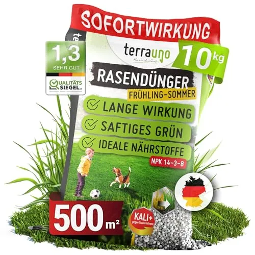 TerraUno Rasendünger Frühjahr/Sommer 10 kg für 500 m² - Effektiver Dünger für saftiges Grün: Sofortwirkung für gesunden Rasen, der Moos und Unkraut verdrängt. Ideal für den Streuwagen und sorgt für optimales Wachstum auch bei Trockenstress.