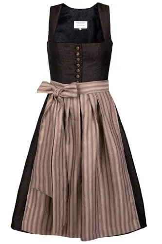 Edelnice Trachtenmode Midi Dirndl Dorothea schwarz-Bronze - Elegantes Midi Dirndl mit edlem Rankenmuster, stilvollem Ausschnitt und kunstvoll verzierten Knöpfen. Inkl. traditioneller Schürze für festliche Anlässe. Hoher Tragekomfort dank leichtem Material.