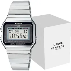 Casio A700WE-1AEF Unisex Quartz Armbanduhr - Elegante Armbanduhr mit 36mm Gehäuse, LCD-Zifferblatt und Silber Metallarmband, ausgestattet mit LED Licht und Stoppfunktion für präzise Zeitmessung.