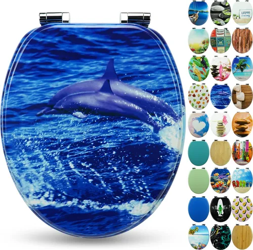 Sanfino WC-Sitz „Dolphin“ - Premium Toilettendeckel mit Absenkautomatik - Toilettendeckel aus hochwertigem MDF mit Soft Close Funktion für geräuschloses Schließen, viele bunte Motive für individuelles Badezimmerdesign und einfache Montage.