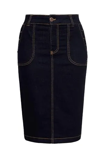 Queen Kerosin Damen Pencil Skirt | Vintage Bleistiftrock im Denim-Look - Stilvoller Bleistiftrock von Queen Kerosin mit figurbetonter Passform und authentischen Ziernähten. Ideal für einen rockigen Look und bequem im Alltag. Perfekt für Retro-Liebhaber!