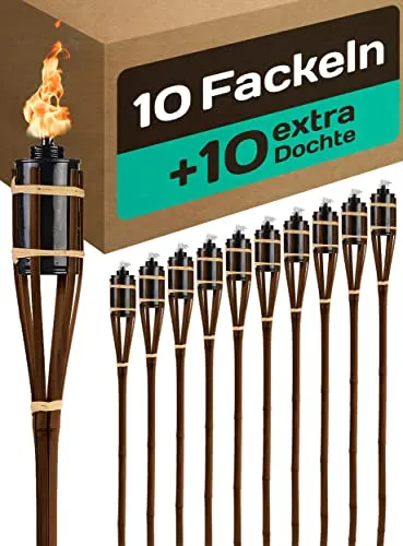 Praknu 10 Gartenfackeln - Bambus Holz Braun 90cm - Fackeln & Laternen für den Garten, ideale Atmosphäre für Outdoor-Events mit langer Brenndauer von 4-5 Stunden und nachfüllbar für unvergessliche Abende.