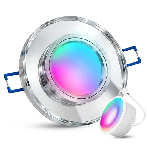 SSC-LUXon LED Einbaustrahler Glas mit WLAN RGB Modul - Eleganter Strahler für Ihr Smart Home. Genießen Sie dimmbare RGB-Farben und sanftes Weißlicht, ideal für individuelle Licht-Atmosphären. Einfache Installation und Steuerung per App oder Sprachassistenten.