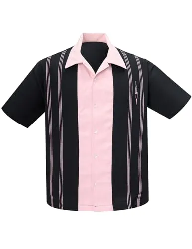 Steady Clothing Hemd V8 The Harper Black Pink Vintage Bowling Shirt Retro, Größe:M