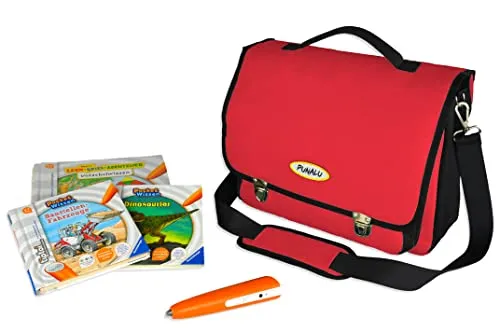 PUNALU TipToi Tasche für Stift & Bücher - Büchertasche Mit Platz für 2 Stifte und 11 Bücher, Starterset (Rot)