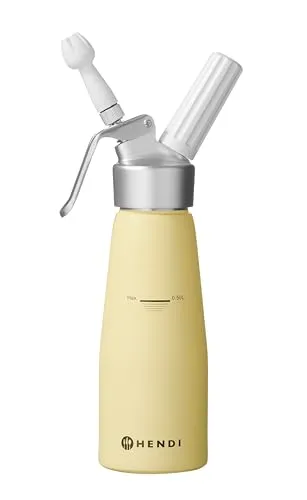 Hendi Sahnespender Kitchen Line 0,5l gelb - Sahnespender aus Aluminium, 0,5L, in pastellgelb, ideal für kreative Dessertdekorationen. Inkl. 3 Düsen und Reinigungsbürste, nicht für heiße Soßen geeignet.