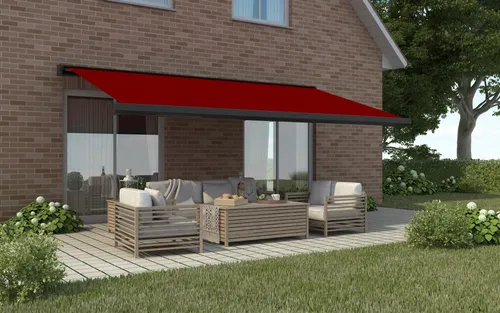 Primaster Kassetten-Markise 4 x 3,5 m elektrisch rot - Elegante Kassetten-Markise in Rot, elektrisch betrieben und einfach zu bedienen. Ideal für gemütliche Stunden im Freien, schützt vor Sonne und sorgt für angenehme Schattenplätze.