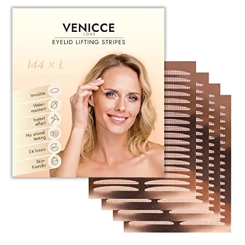 VENICCE LOVE Schlupflider Stripes unsichtbar, Schlupflider Tapes, Augenlid Stripes, Augenlidklebeband, Eyelid Tape, Augen Lifting ohne OP, Augenlidstraffung, Schlupflider entfernen | 144 x L
