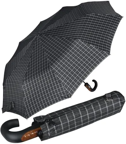 iX-brella Taschenregenschirm mit Auf-Zu-Automatik und Holzgriff - Robuster Taschenschirm mit 10 Streben und sturmfestem Gestell. Ideal für Herren, bietet großen Schutz und einfache Bedienung per Knopfdruck. Perfekt für unterwegs!