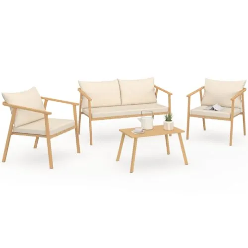 IDMarket Gartenmöbel Malta 4-Sitzer in Holzoptik - Hochwertige Gartenmöbelgarnitur mit Metallstruktur und bequemen Kissen in Beige, ideal für entspannte Stunden im Freien.
