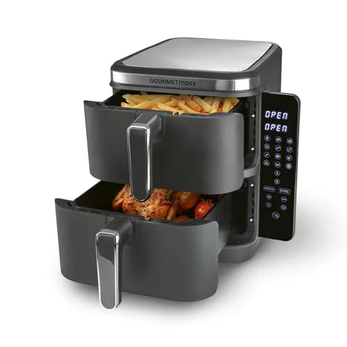 GOURMETmaxx FryUp Vertikale Doppelkammer Heißluftfritteuse - Heißluftfritteuse mit 10L Fassungsvermögen, 2 Kammern für gleichzeitiges Kochen und klappbarem Touchdisplay – platzsparend und perfekt für die ganze Familie!