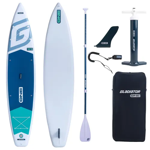 Gladiator ONE 12'6 SUP Board Touring White 2026 - Aufblasbares Komplettset - Das Gladiator ONE 12'6 SUP Board ist perfekt für lange Strecken. Mit nur 9,5 kg und 350 l Volumen bietet es hohe Tragkraft und Stabilität. Komplettset für sofortigen Einsatz: Board, Paddel, Pumpe und mehr sind enthalten.