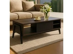 MCW Couchtisch O40-C mit Fußbodenschoner - Stylischer Couchtisch mit drei Ablageflächen und strukturierten Schiebetüren, ideal für ein harmonisches Wohnzimmer. Robuste Melamin-Beschichtung sorgt für Langlebigkeit und einfache Pflege.