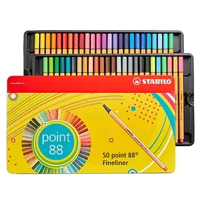 Stabilo Fineliner Point 88, 8850-6, 0,4mm, 50 Farben im Metall-Etui - Schreibutensilien mit feiner, metallgefasster Spitze, ideal für präzise Zeichnungen und Schablonen. In stylischem Metall-Etui, Made in Germany.