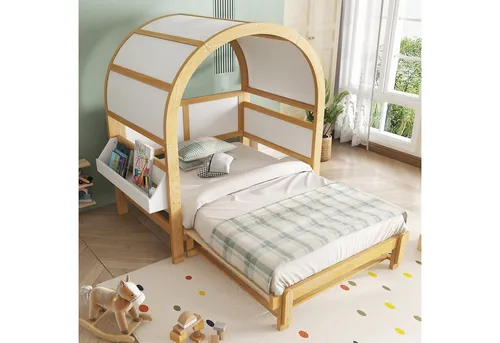Erweiterbares Gewölbtes Dachbett 140x200cm – Schiebebett in Weiß & Natur - Praktisches, ausziehbares Dachbett in Weiß & Natur, 140x200cm. Ideal für Kinderzimmer oder Gästezimmer. Mit seitlicher Ablagefläche und charmantem Holzhausdesign für zusätzlichen Stauraum und Stil!