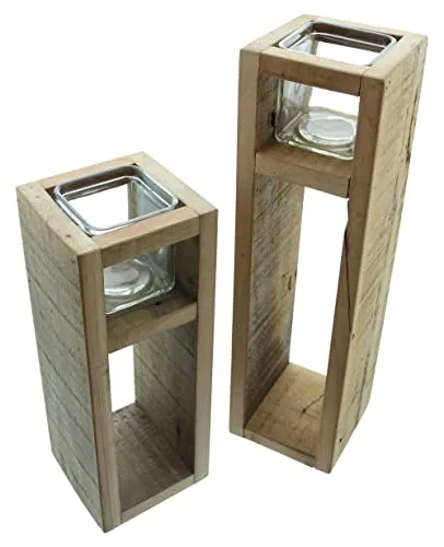 2X Windlicht-Säule Wood - 30 + 40 cm hoch, rustikale Holzdeko aus recyceltem Holz, einzigartiger Kerzenhalter für individuelles Ambiente