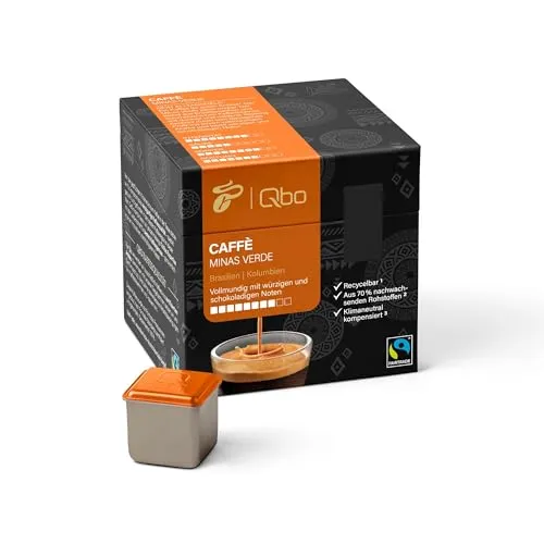 Qbo Caffè Minas Verde - 27 Kapseln - Intensität 8/10 - Genießen Sie den vollmundigen Geschmack der Qbo Caffè MINAS VERDE Kapseln mit würzigen und schokoladigen Noten. Fairtrade-zertifiziert und klimaneutral, ideal für umweltbewusste Kaffeeliebhaber.