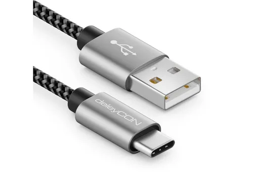 deleyCON 1,5m USB-C Kabel Nylon Ladekabel - Kabel für USB-C Geräte, langlebig mit robustem Nylonmantel und hoher Ladegeschwindigkeit von bis zu 2 Ampere. Ideal für schnelles Laden und Datenübertragung.
