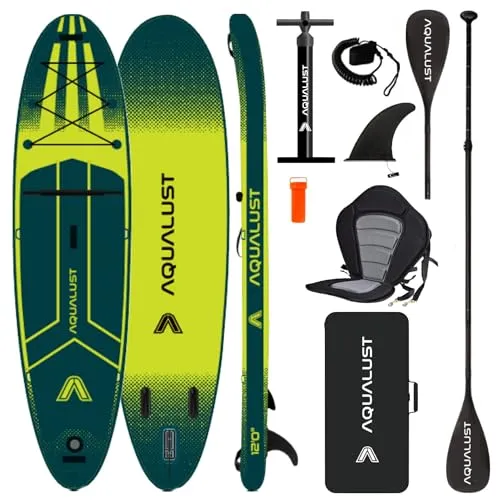 AQUALUST 12.0 iSUP Board Stand Up Paddle Set Surfboard aufblasbar 365cm SUP 170 KG Green (Boardset+Kajakpaddel+Deluxe-Sitz)