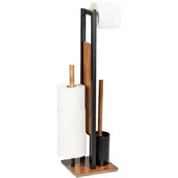 WENKO Stand WC-Garnitur Rivalta Acacia - Hochwertige WC-Garnitur aus schwarz lackiertem Stahl und Akazienholz, inklusive Toilettenpapier- und Ersatzrollenhalter – ideal für stilvolle Badezimmer.