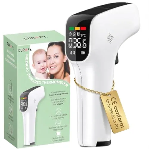 Curify Kontaktloses Fiebermesser für Stirn & Ohr - Digitales Fieberthermometer & Thermometer mit LED-Anzeige, Fieberwarnung & Speicher - Baby & Kinderthermometer