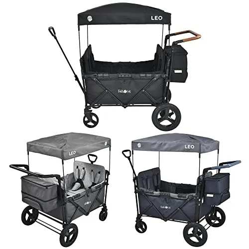 FableKids Bollerwagen Leo X4Plus mit Dach | 4 Sitzplätze - Handwagen mit 5-Punkt-Gurten für maximale Sicherheit und Offroad-Rädern für jedes Terrain. Der faltbare Wagen bietet viel Stauraum und ist ideal für Ausflüge mit der Familie.