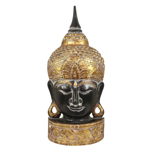 Buddha Büste Figur Skulptur Kopf Holz Deko Schwarz Gold 70 cm - Handgefertigte Buddha Büste aus Albasia-Holz, ideal für rustikale Wohnräume. Mit einer Höhe von 70 cm und einem einzigartigen Design bringt sie Ruhe und Stil in Ihr Zuhause.