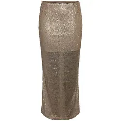 Noisy May NMSHAKIRA Pailletten Sommerrock - Modischer Sommerrock in Braun-Gelb mit glänzenden Pailletten und Schlitz, ideal für trendige Outfits. Hergestellt aus 100% atmungsaktivem Polyester, pflegeleicht bei 30°C.