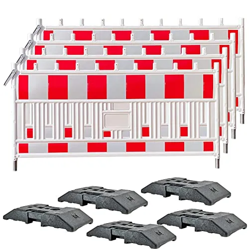 UvV Absperrgitter TL Schrankenzaun ES - Komplettset mit Absturzsicherungen und Fußplatten - Absperrungen - Sofort einsatzbereites Komplettset mit 4x 2m Absperrgitter und 5x K1 Fußplatten, witterungs- und UV-beständig, ideal für den StVO-Bereich.