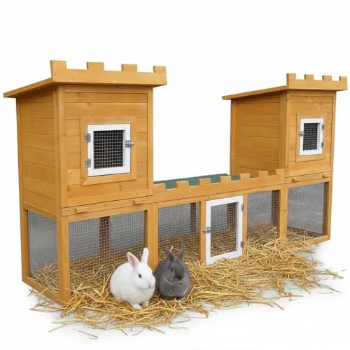 Mucola Kleintierkäfig XXL - Freigehege für Kaninchen und kleine Tiere - Geräumiger Kleintierstall in Schlossform, ideal für Hasen und Meerschweinchen. Mit bodenfreiem Design für naturnahes Spielen im Freien und sicherem Holzhaus. Perfekt für Tierliebhaber!